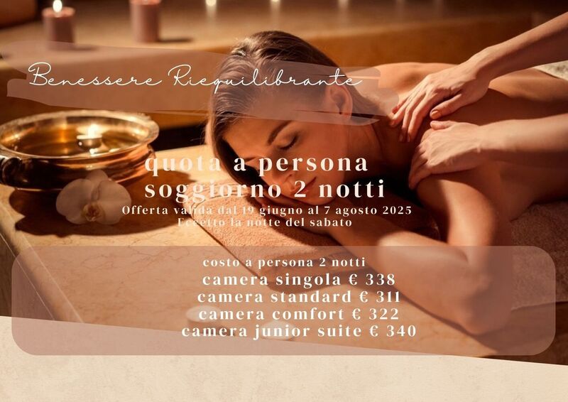 BENESSERE RIEQUILIBRANTE - 2 NOTTI
 HOTEL DUE MARI & BENESSERE AQVADEI Offerta valida dal 19 Giugno al 7 Agosto 2025. Eccetto la notte del sabato da 311 € 
Soggiorno pensato per chi desidera regalarsi breve o lungo soggiorno di magica armonia, godendo di trattamenti e attenzioni davvero speciali