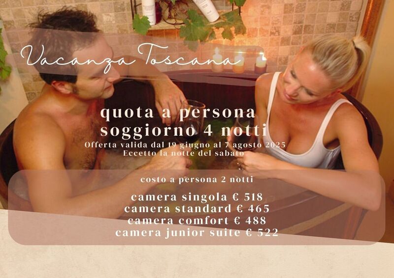 VACANZA TOSCANA- 4 NOTTI
 HOTEL DUE MARI & BENESSERE AQVADEI Offerta valida dal 19 Giugno al 7 Agosto 2025. Eccetto la notte del sabato da 465 € 
Soggiorno pensato per chi desidera regalarsi breve o lungo soggiorno di magica armonia, godendo di trattamenti e attenzioni davvero speciali