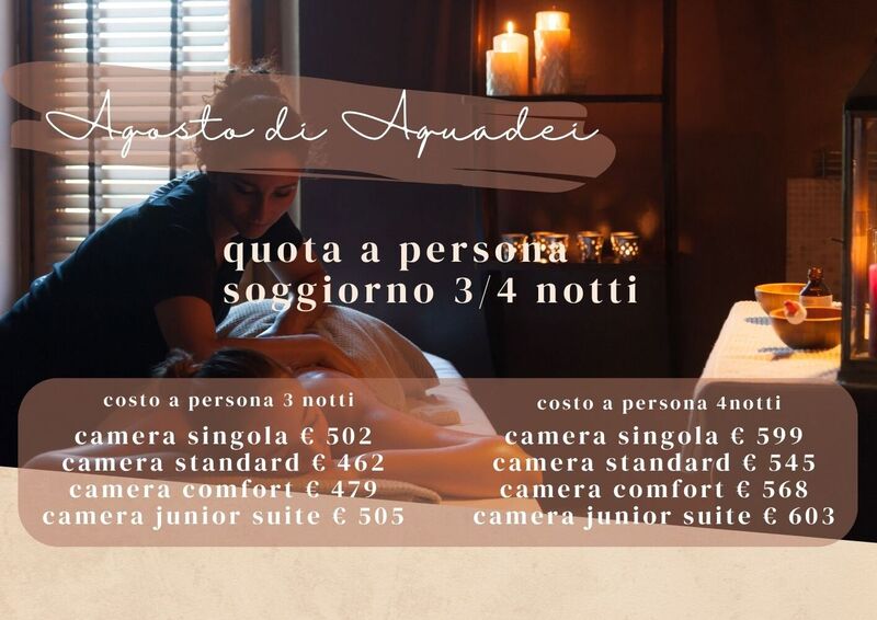 AGOSTO DI AQUADEI HOTEL DUE MARI & BENESSERE AQVADEI- 3/4 NOTTI
Offerta valida dall’ 8 Agosto al 31 agosto 2025 dal 8 al 17 soggiorno minimo 4 notti da 308 €